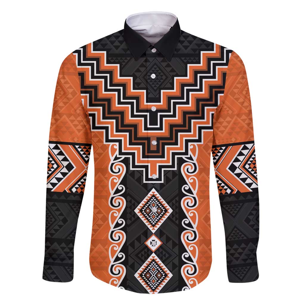 Orange Niho Taniwha Mix Poutama Family Matching Off Shoulder Short Dress and Hawaiian Shirt Unique Taniko Aotearoa LT01 Dad's Shirt - Long Sleeve Orange - Polynesian Pride