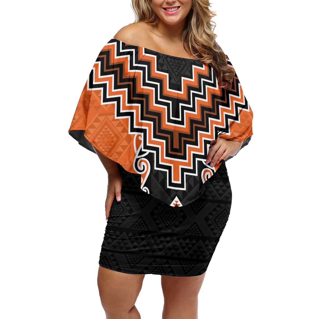 Orange Niho Taniwha Mix Poutama Family Matching Off Shoulder Short Dress and Hawaiian Shirt Unique Taniko Aotearoa LT01 Mom's Dress Orange - Polynesian Pride
