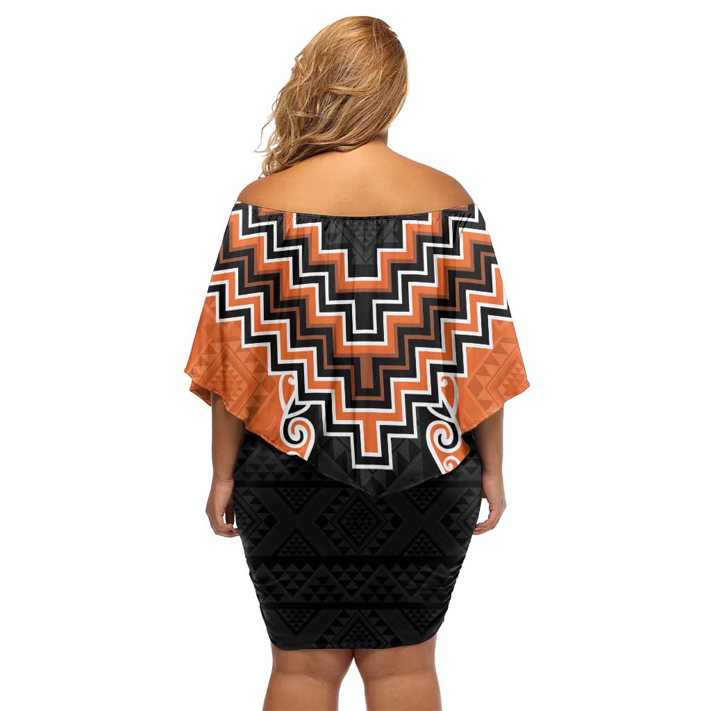 Orange Niho Taniwha Mix Poutama Family Matching Off Shoulder Short Dress and Hawaiian Shirt Unique Taniko Aotearoa LT01 - Polynesian Pride