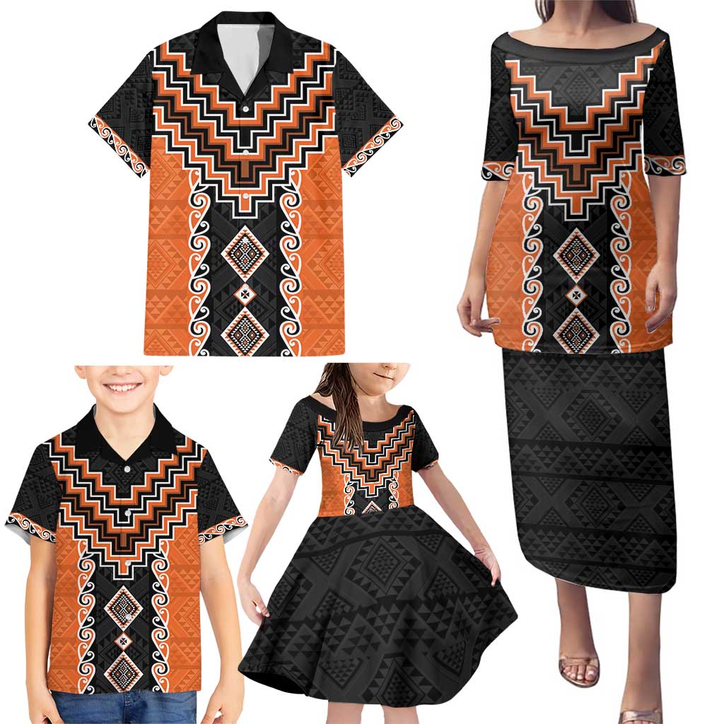Orange Niho Taniwha Mix Poutama Family Matching Puletasi and Hawaiian Shirt Unique Taniko Aotearoa LT01 - Polynesian Pride