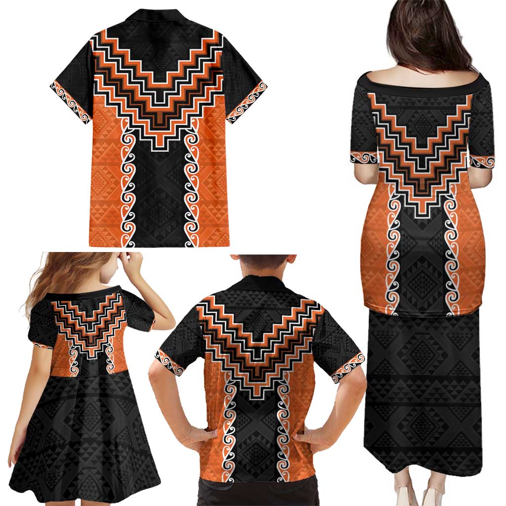 Orange Niho Taniwha Mix Poutama Family Matching Puletasi and Hawaiian Shirt Unique Taniko Aotearoa LT01 - Polynesian Pride