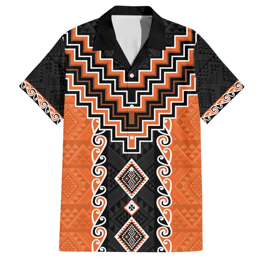 Orange Niho Taniwha Mix Poutama Family Matching Puletasi and Hawaiian Shirt Unique Taniko Aotearoa LT01 Dad's Shirt - Short Sleeve Orange - Polynesian Pride