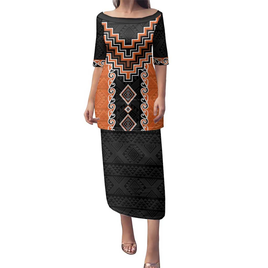 Orange Niho Taniwha Mix Poutama Family Matching Puletasi and Hawaiian Shirt Unique Taniko Aotearoa LT01 Mom's Dress Orange - Polynesian Pride