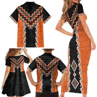 Orange Niho Taniwha Mix Poutama Family Matching Short Sleeve Bodycon Dress and Hawaiian Shirt Unique Taniko Aotearoa LT01 - Polynesian Pride