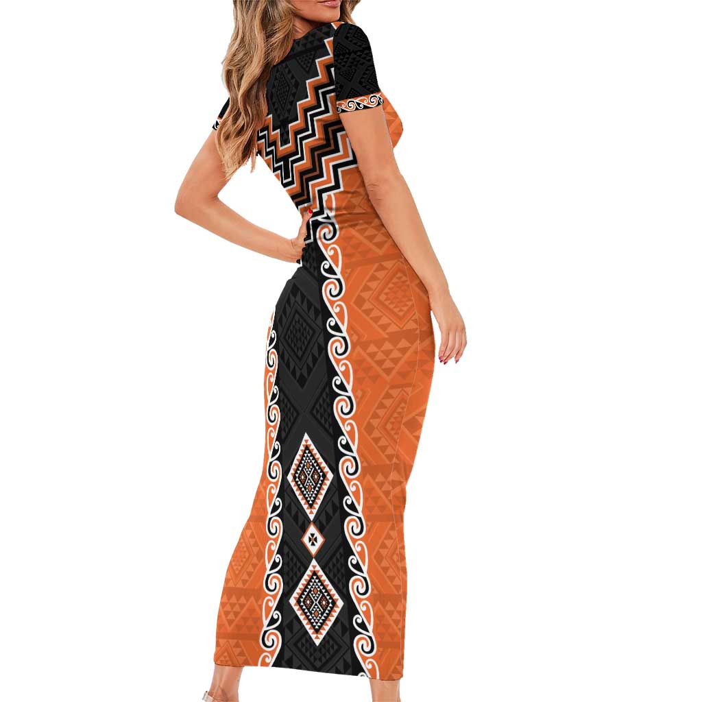Orange Niho Taniwha Mix Poutama Family Matching Short Sleeve Bodycon Dress and Hawaiian Shirt Unique Taniko Aotearoa LT01 - Polynesian Pride