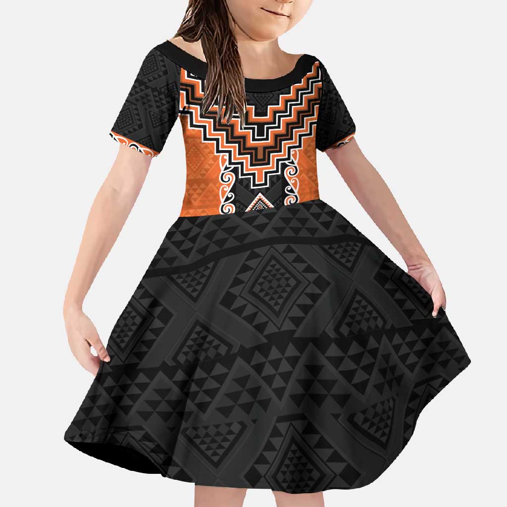 Orange Niho Taniwha Mix Poutama Family Matching Summer Maxi Dress and Hawaiian Shirt Unique Taniko Aotearoa LT01 Daughter's Dress Orange - Polynesian Pride