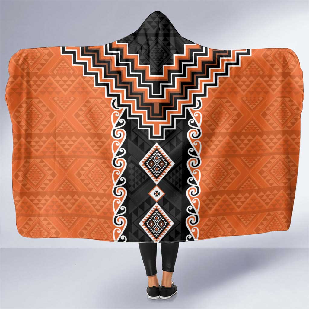 Orange Niho Taniwha Mix Poutama Hooded Blanket Unique Taniko Aotearoa LT01 One Size Orange - Polynesian Pride