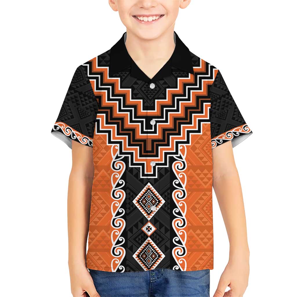 Orange Niho Taniwha Mix Poutama Kid Hawaiian Shirt Unique Taniko Aotearoa LT01 Kid Orange - Polynesian Pride