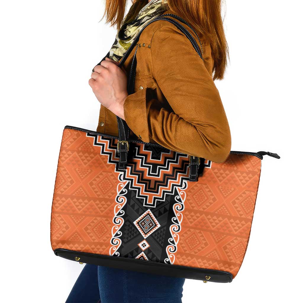 Orange Niho Taniwha Mix Poutama Leather Tote Bag Unique Taniko Aotearoa LT01 Orange - Polynesian Pride