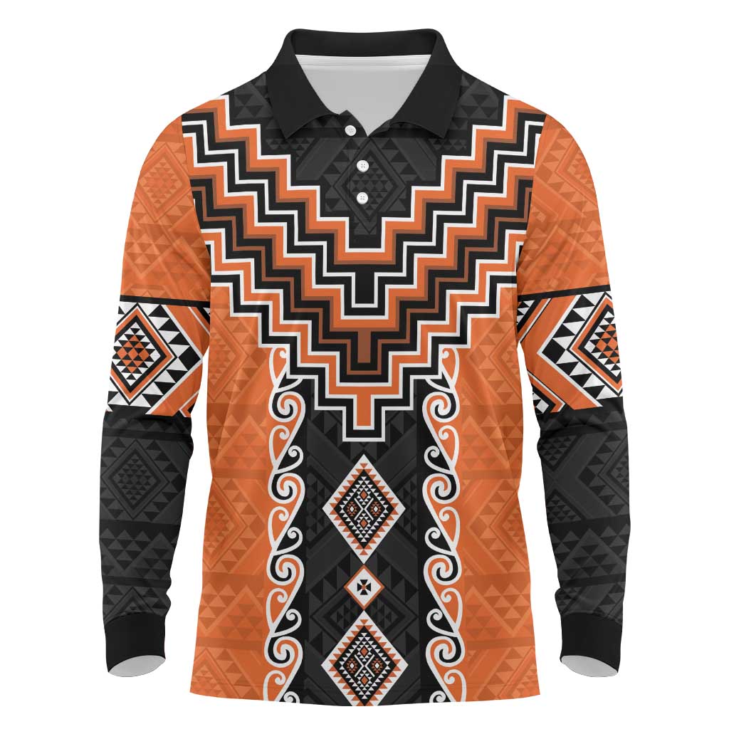 Orange Niho Taniwha Mix Poutama Long Sleeve Polo Shirt Unique Taniko Aotearoa LT01 Orange - Polynesian Pride