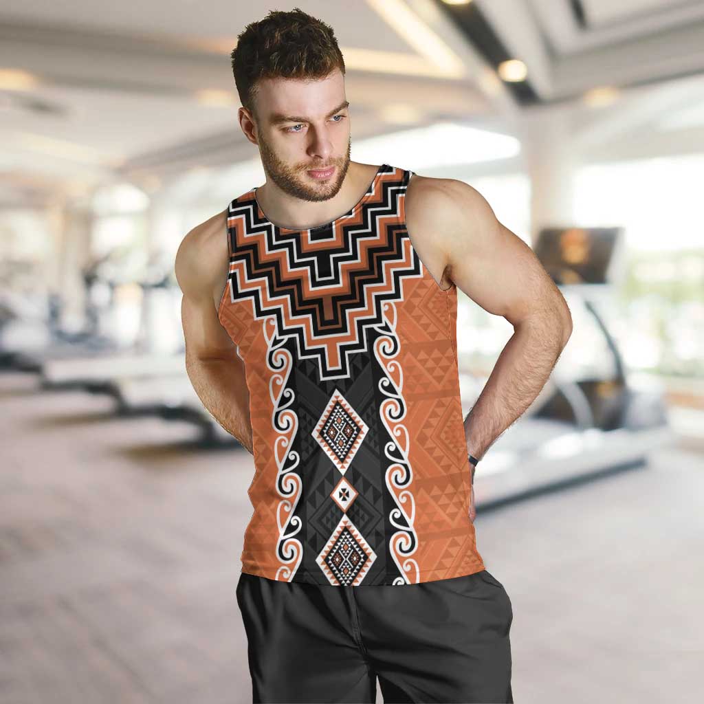 Orange Niho Taniwha Mix Poutama Men Tank Top Unique Taniko Aotearoa LT01 Orange - Polynesian Pride