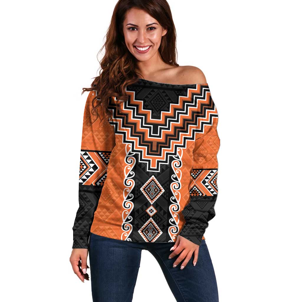 Orange Niho Taniwha Mix Poutama Off Shoulder Sweater Unique Taniko Aotearoa LT01 Women Orange - Polynesian Pride