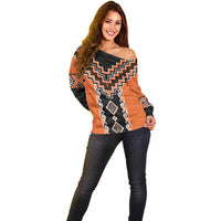 Orange Niho Taniwha Mix Poutama Off Shoulder Sweater Unique Taniko Aotearoa