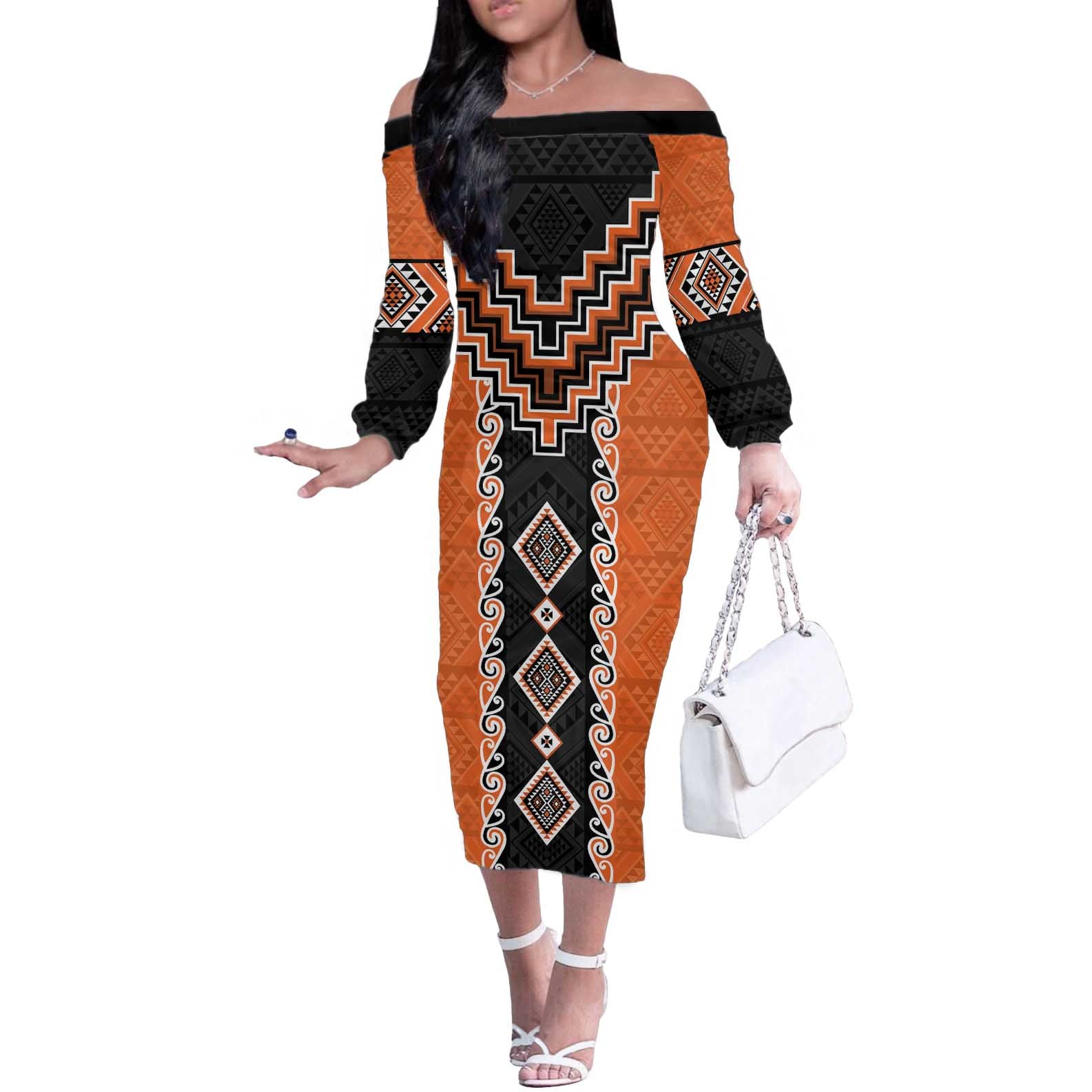 Orange Niho Taniwha Mix Poutama Off The Shoulder Long Sleeve Dress Unique Taniko Aotearoa LT01 Women Orange - Polynesian Pride