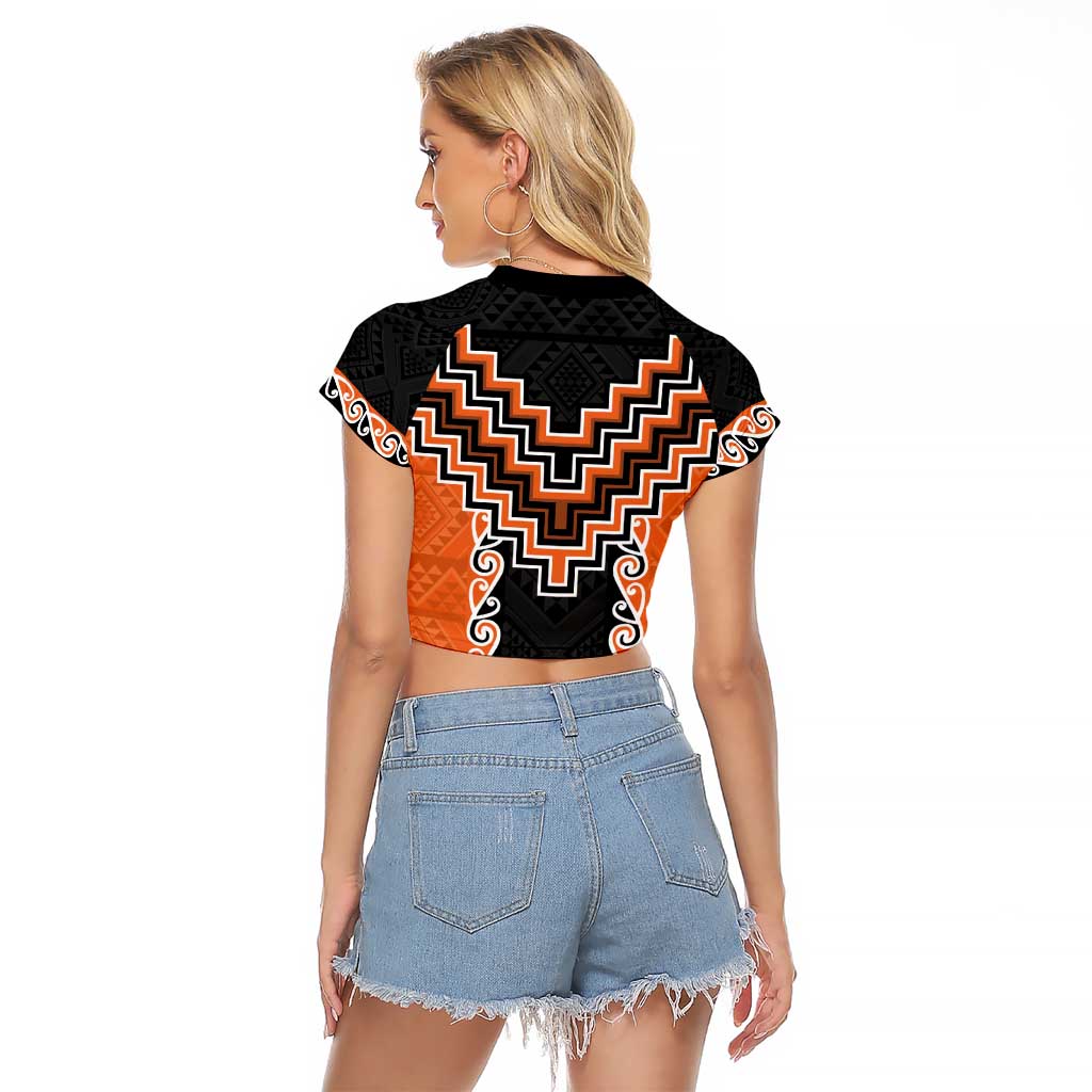 Orange Niho Taniwha Mix Poutama Raglan Cropped T Shirt Unique Taniko Aotearoa