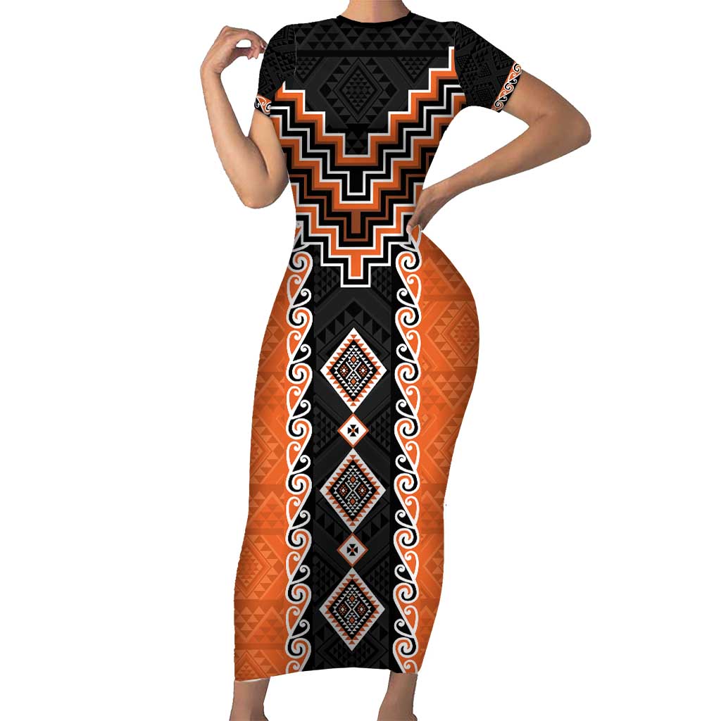 Orange Niho Taniwha Mix Poutama Short Sleeve Bodycon Dress Unique Taniko Aotearoa LT01 Long Dress Orange - Polynesian Pride