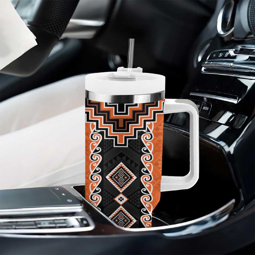 Orange Niho Taniwha Mix Poutama Tumbler With Handle Unique Taniko Aotearoa