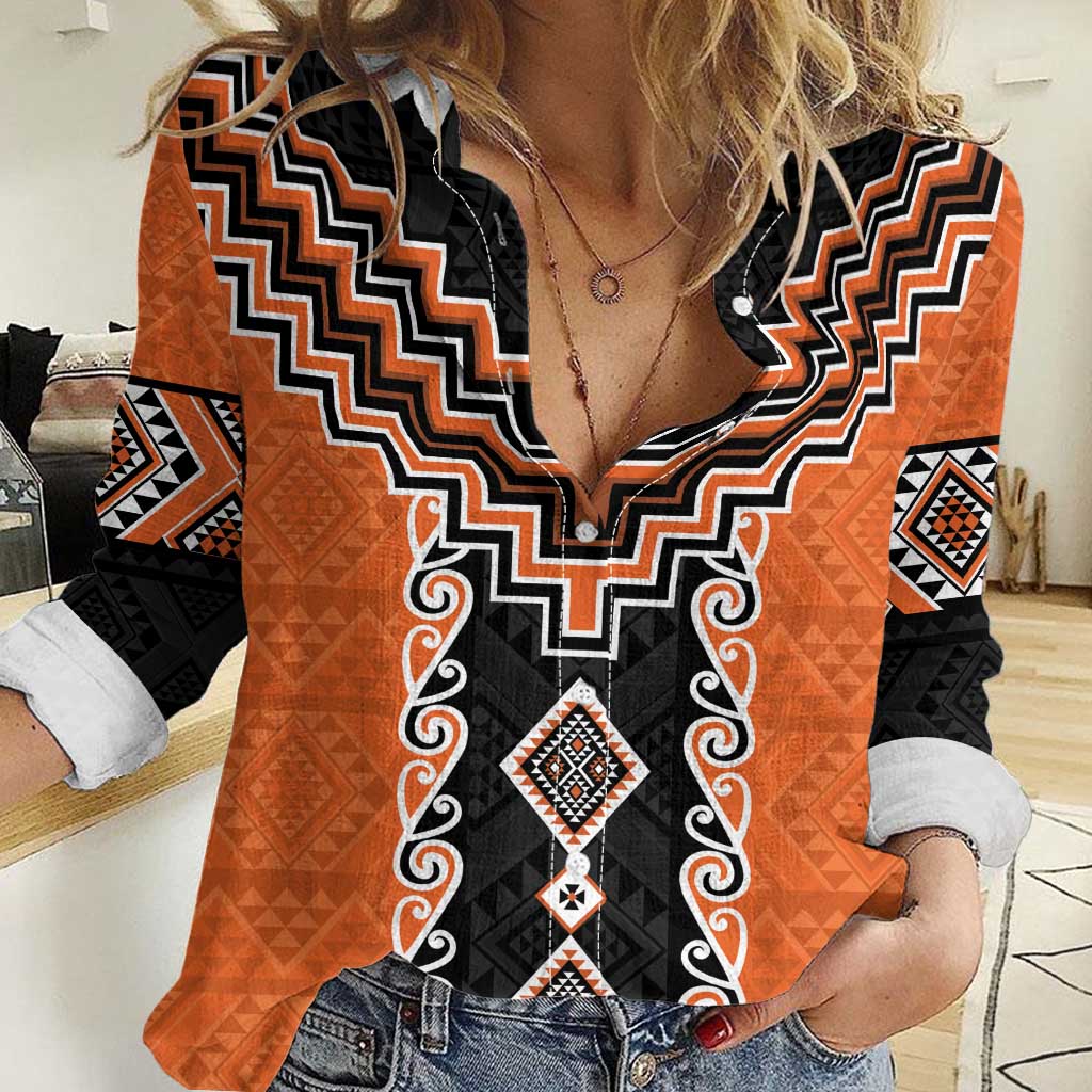 Orange Niho Taniwha Mix Poutama Women Casual Shirt Unique Taniko Aotearoa LT01 Female Orange - Polynesian Pride