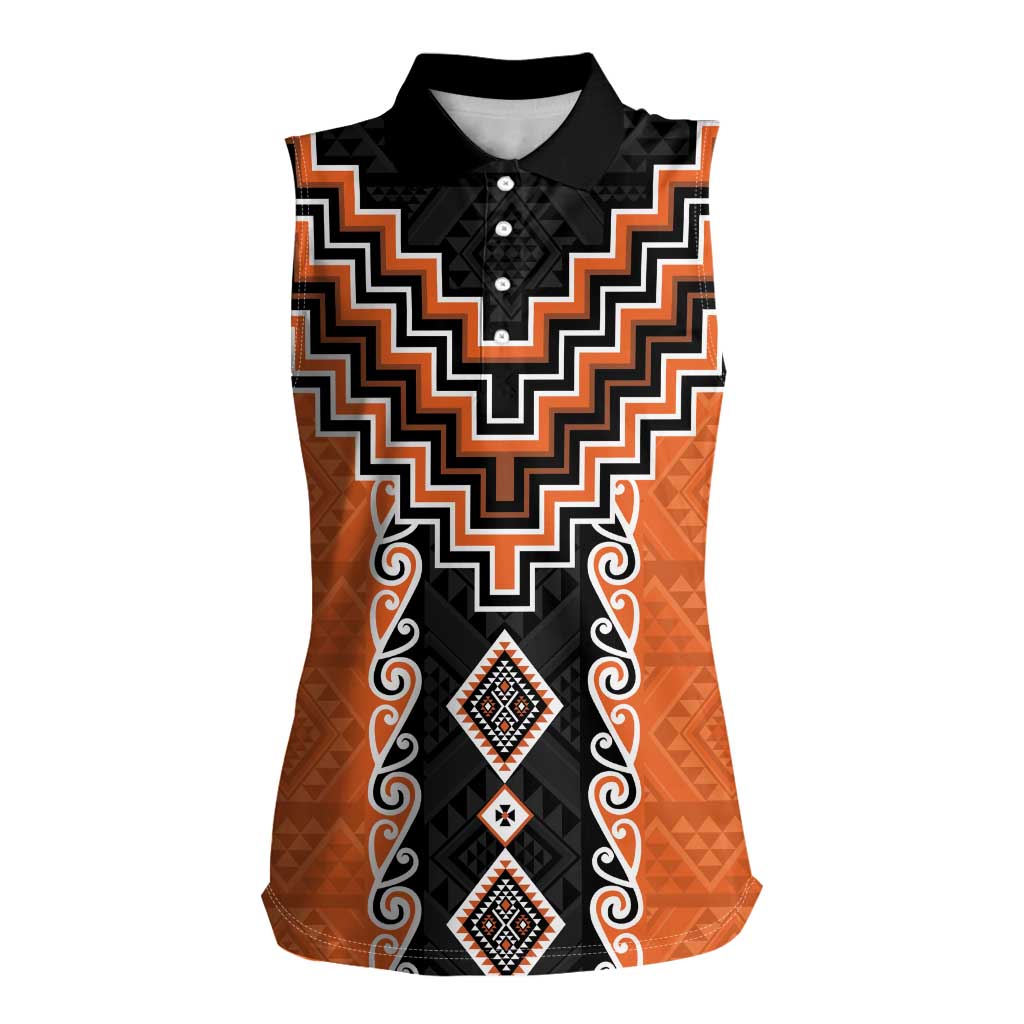 Orange Niho Taniwha Mix Poutama Women Sleeveless Polo Shirt Unique Taniko Aotearoa LT01 Female Orange - Polynesian Pride