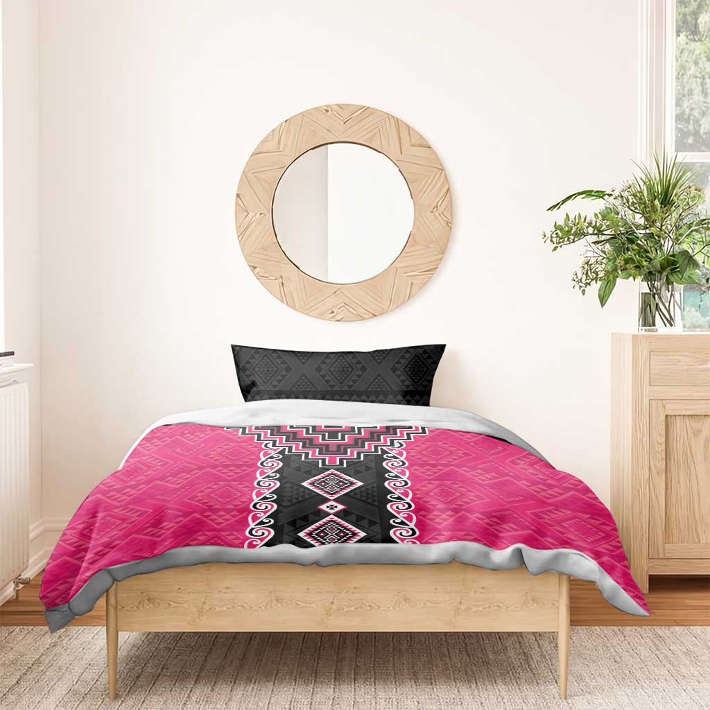 Pink Niho Taniwha Mix Poutama Bedding Set Unique Taniko Aotearoa