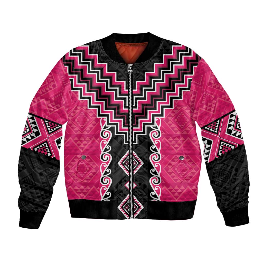 Pink Niho Taniwha Mix Poutama Bomber Jacket Unique Taniko Aotearoa LT01 Unisex Pink - Polynesian Pride
