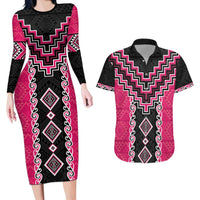 Pink Niho Taniwha Mix Poutama Couples Matching Long Sleeve Bodycon Dress and Hawaiian Shirt Unique Taniko Aotearoa LT01 Pink - Polynesian Pride
