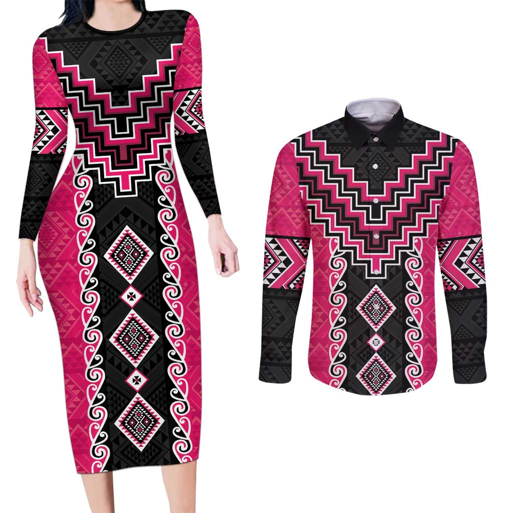 Pink Niho Taniwha Mix Poutama Couples Matching Long Sleeve Bodycon Dress and Long Sleeve Button Shirt Unique Taniko Aotearoa LT01 Pink - Polynesian Pride