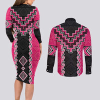 Pink Niho Taniwha Mix Poutama Couples Matching Long Sleeve Bodycon Dress and Long Sleeve Button Shirt Unique Taniko Aotearoa LT01 - Polynesian Pride
