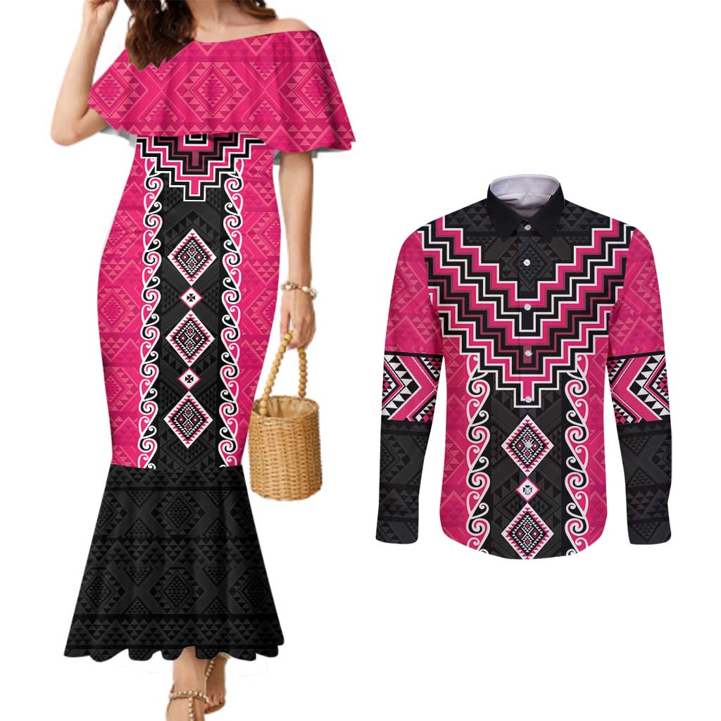 Pink Niho Taniwha Mix Poutama Couples Matching Mermaid Dress and Long Sleeve Button Shirt Unique Taniko Aotearoa LT01 Pink - Polynesian Pride