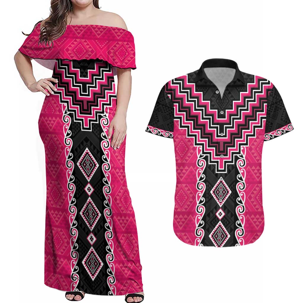Pink Niho Taniwha Mix Poutama Couples Matching Off Shoulder Maxi Dress and Hawaiian Shirt Unique Taniko Aotearoa LT01 Pink - Polynesian Pride