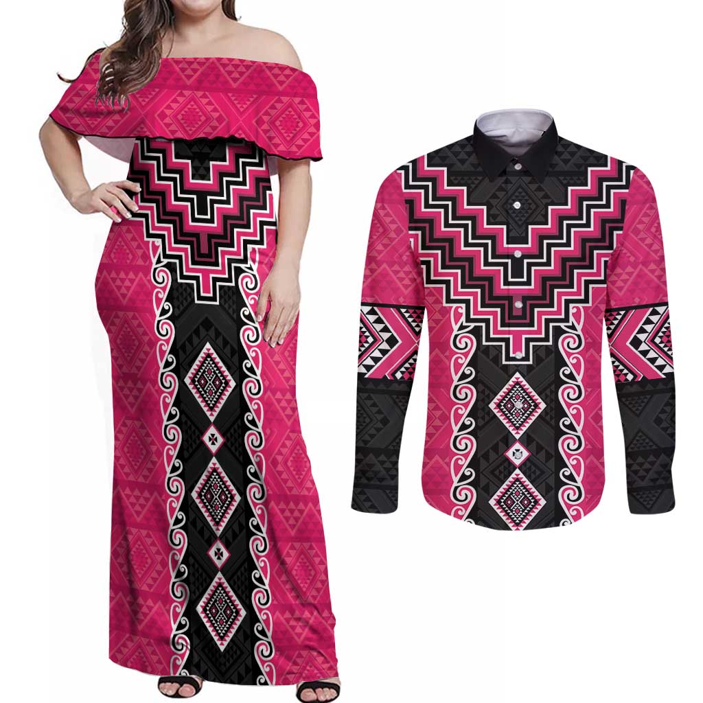Pink Niho Taniwha Mix Poutama Couples Matching Off Shoulder Maxi Dress and Long Sleeve Button Shirt Unique Taniko Aotearoa LT01 Pink - Polynesian Pride