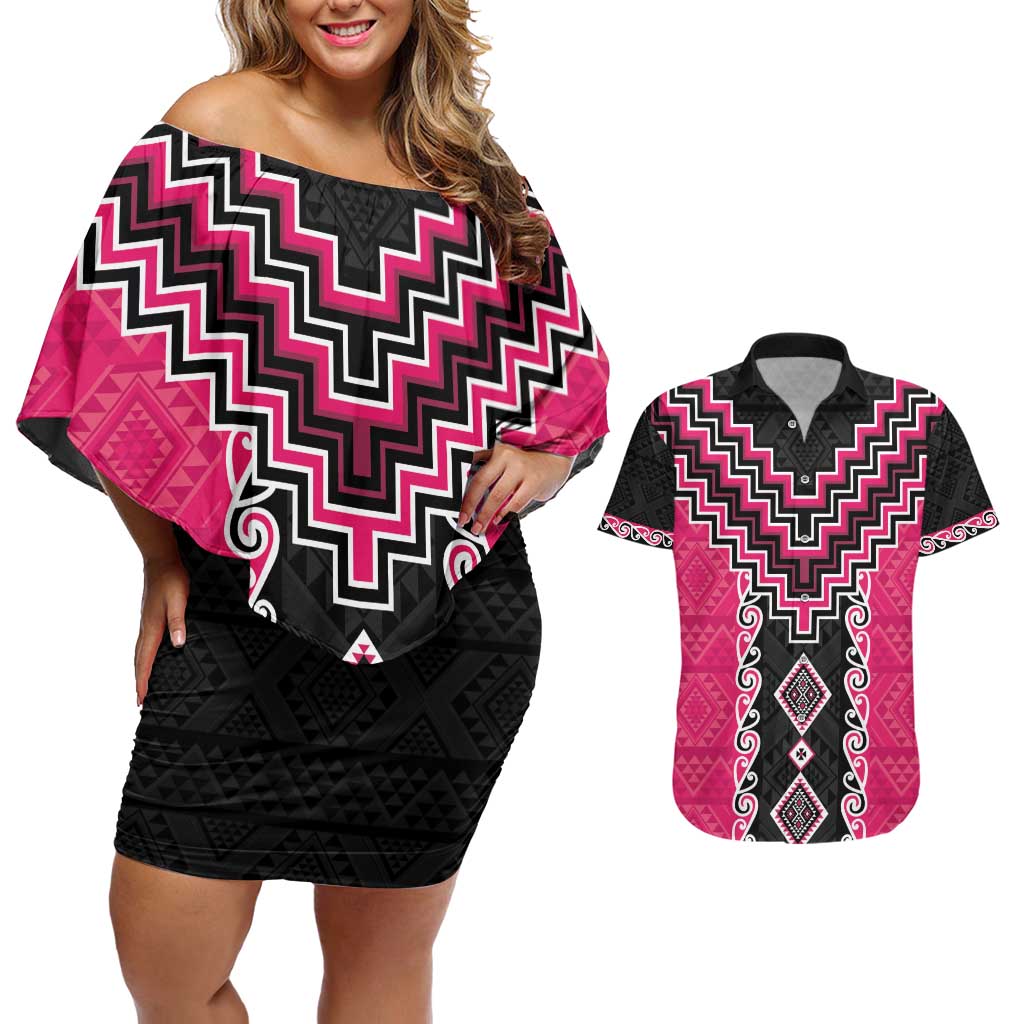 Pink Niho Taniwha Mix Poutama Couples Matching Off Shoulder Short Dress and Hawaiian Shirt Unique Taniko Aotearoa LT01 Pink - Polynesian Pride