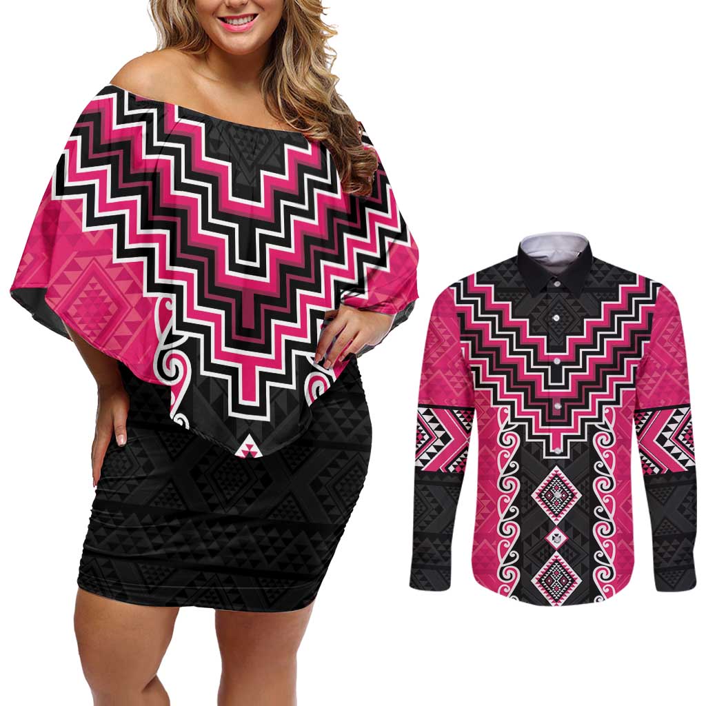 Pink Niho Taniwha Mix Poutama Couples Matching Off Shoulder Short Dress and Long Sleeve Button Shirt Unique Taniko Aotearoa LT01 Pink - Polynesian Pride