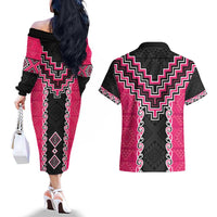 Pink Niho Taniwha Mix Poutama Couples Matching Off The Shoulder Long Sleeve Dress and Hawaiian Shirt Unique Taniko Aotearoa LT01 - Polynesian Pride