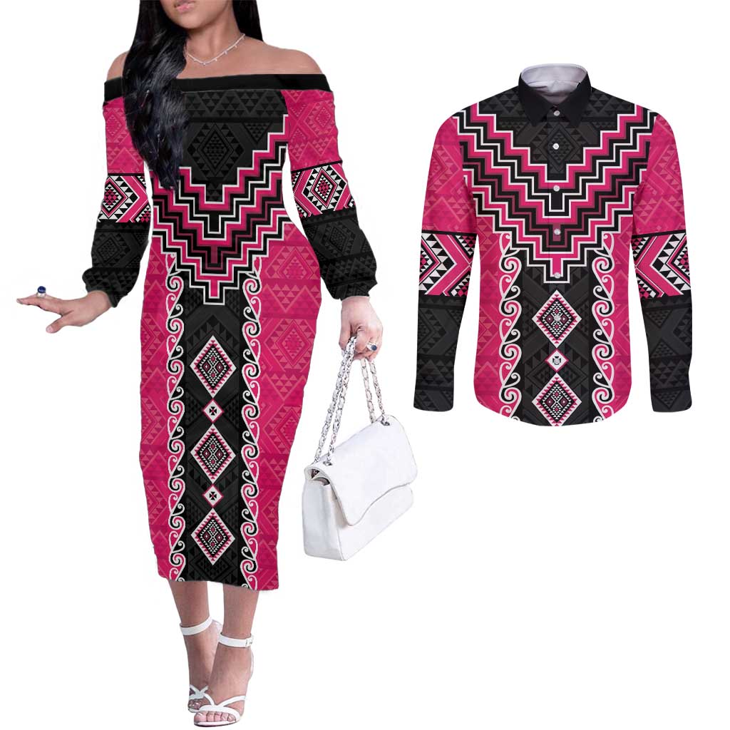 Pink Niho Taniwha Mix Poutama Couples Matching Off The Shoulder Long Sleeve Dress and Long Sleeve Button Shirt Unique Taniko Aotearoa LT01 Pink - Polynesian Pride