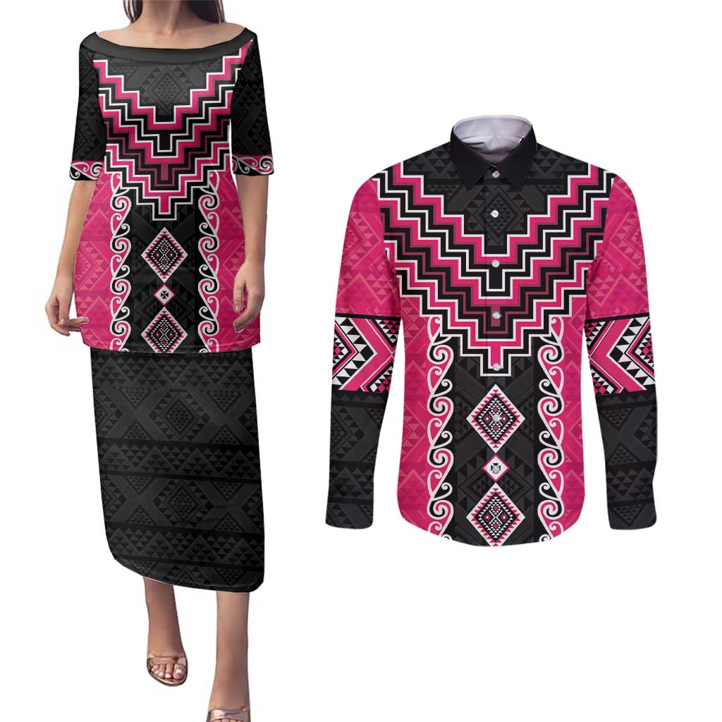 Pink Niho Taniwha Mix Poutama Couples Matching Puletasi and Long Sleeve Button Shirt Unique Taniko Aotearoa LT01 Pink - Polynesian Pride