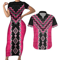 Pink Niho Taniwha Mix Poutama Couples Matching Short Sleeve Bodycon Dress and Hawaiian Shirt Unique Taniko Aotearoa LT01 Pink - Polynesian Pride