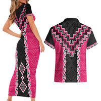 Pink Niho Taniwha Mix Poutama Couples Matching Short Sleeve Bodycon Dress and Hawaiian Shirt Unique Taniko Aotearoa LT01 - Polynesian Pride