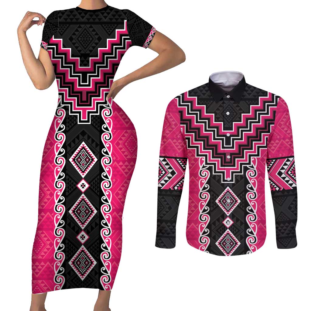 Pink Niho Taniwha Mix Poutama Couples Matching Short Sleeve Bodycon Dress and Long Sleeve Button Shirt Unique Taniko Aotearoa LT01 Pink - Polynesian Pride