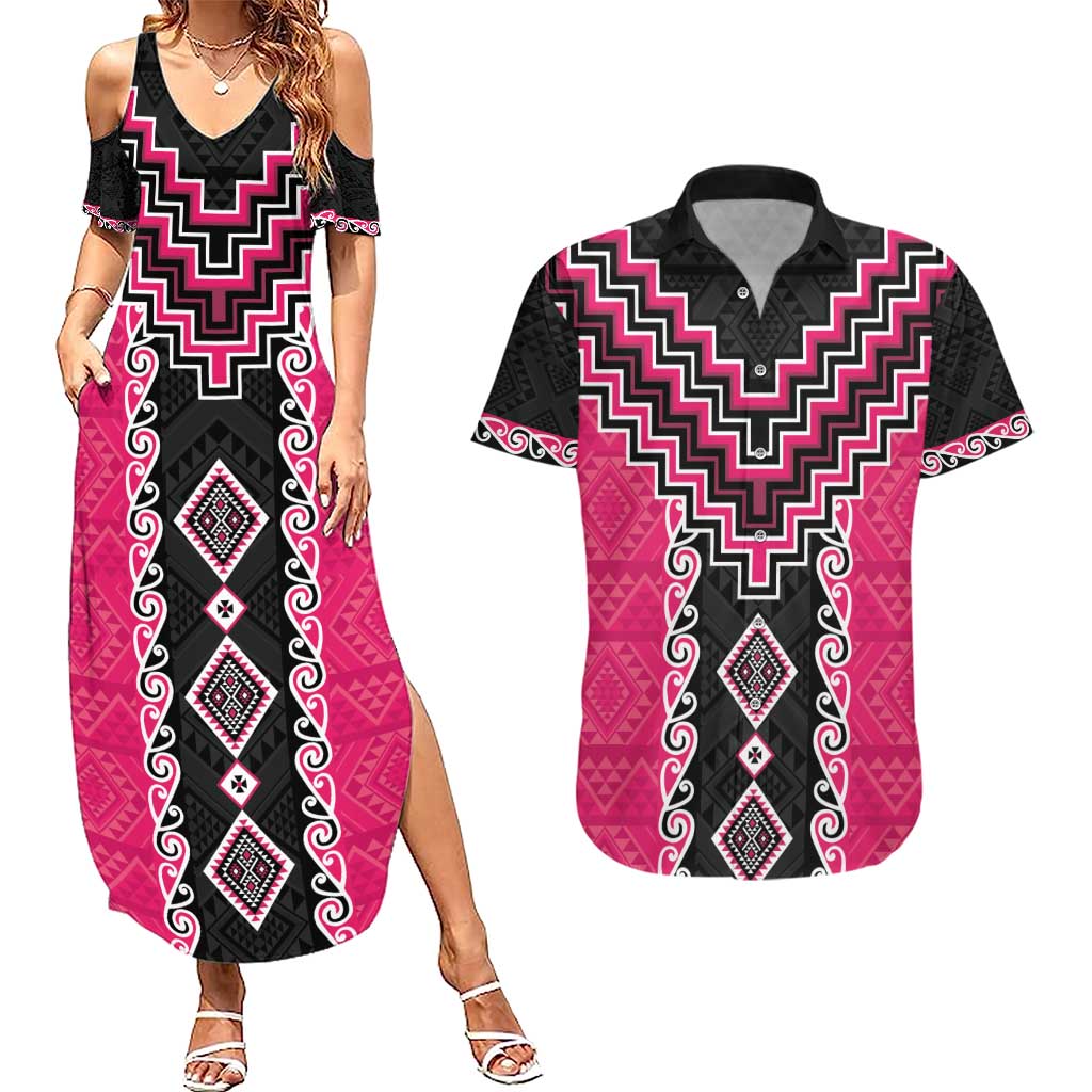 Pink Niho Taniwha Mix Poutama Couples Matching Summer Maxi Dress and Hawaiian Shirt Unique Taniko Aotearoa LT01 Pink - Polynesian Pride