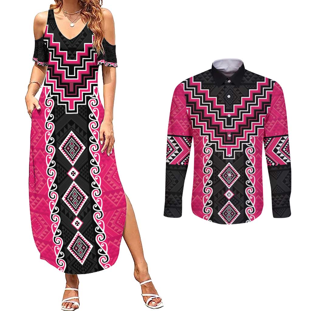 Pink Niho Taniwha Mix Poutama Couples Matching Summer Maxi Dress and Long Sleeve Button Shirt Unique Taniko Aotearoa LT01 Pink - Polynesian Pride