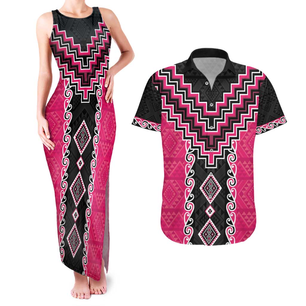 Pink Niho Taniwha Mix Poutama Couples Matching Tank Maxi Dress and Hawaiian Shirt Unique Taniko Aotearoa LT01 Pink - Polynesian Pride