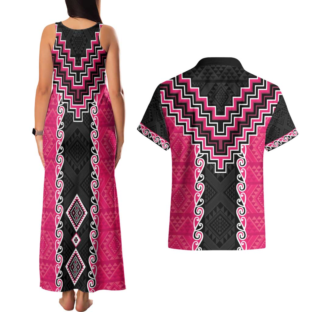 Pink Niho Taniwha Mix Poutama Couples Matching Tank Maxi Dress and Hawaiian Shirt Unique Taniko Aotearoa LT01 - Polynesian Pride
