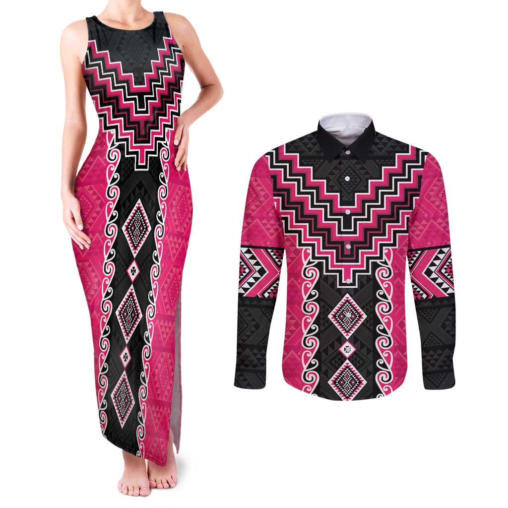 Pink Niho Taniwha Mix Poutama Couples Matching Tank Maxi Dress and Long Sleeve Button Shirt Unique Taniko Aotearoa LT01 Pink - Polynesian Pride