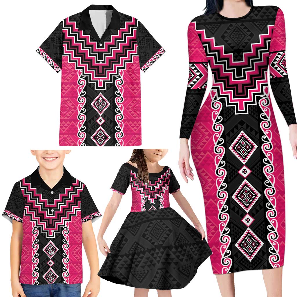 Pink Niho Taniwha Mix Poutama Family Matching Long Sleeve Bodycon Dress and Hawaiian Shirt Unique Taniko Aotearoa LT01 - Polynesian Pride