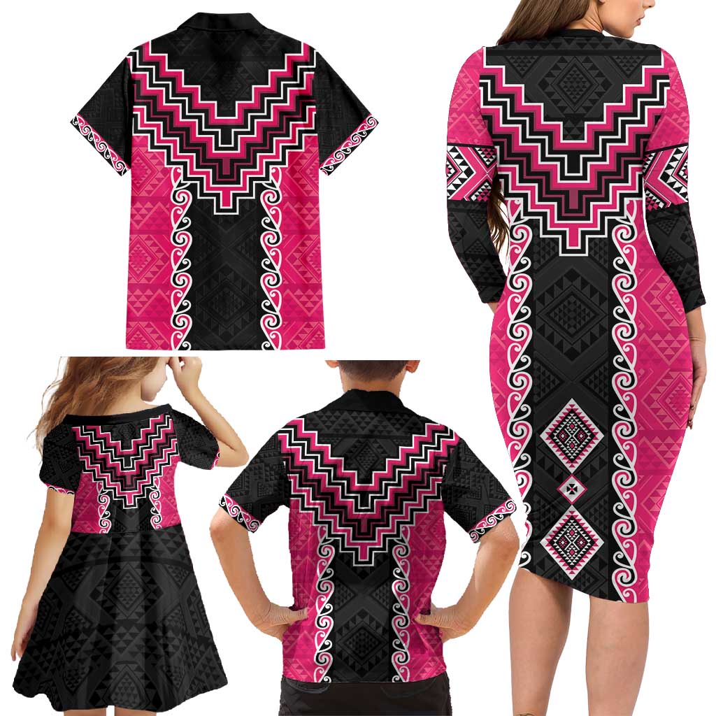 Pink Niho Taniwha Mix Poutama Family Matching Long Sleeve Bodycon Dress and Hawaiian Shirt Unique Taniko Aotearoa LT01 - Polynesian Pride