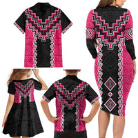 Pink Niho Taniwha Mix Poutama Family Matching Long Sleeve Bodycon Dress and Hawaiian Shirt Unique Taniko Aotearoa LT01 - Polynesian Pride
