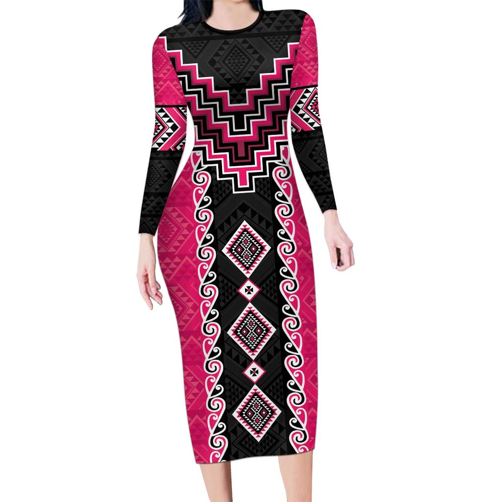 Pink Niho Taniwha Mix Poutama Family Matching Long Sleeve Bodycon Dress and Hawaiian Shirt Unique Taniko Aotearoa LT01 Mom's Dress Pink - Polynesian Pride