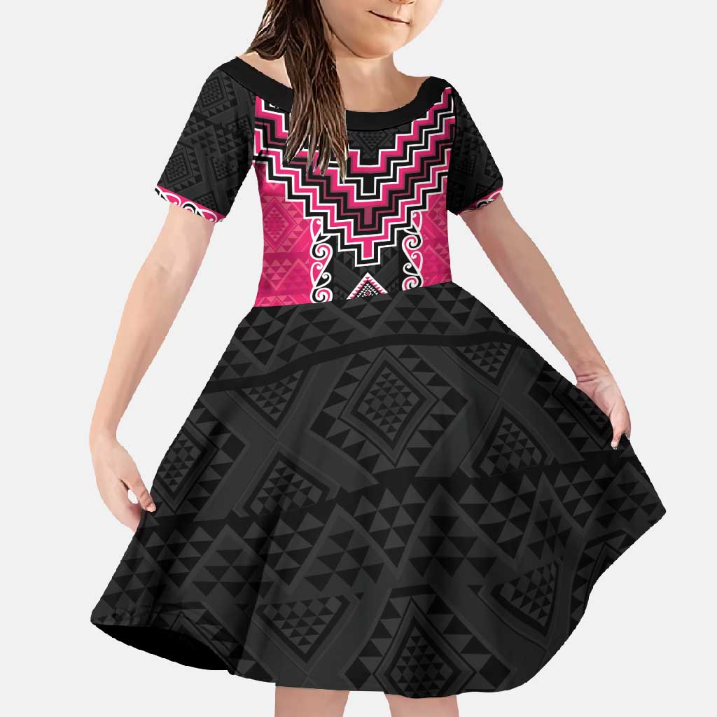 Pink Niho Taniwha Mix Poutama Family Matching Mermaid Dress and Hawaiian Shirt Unique Taniko Aotearoa LT01 Daughter's Dress Pink - Polynesian Pride