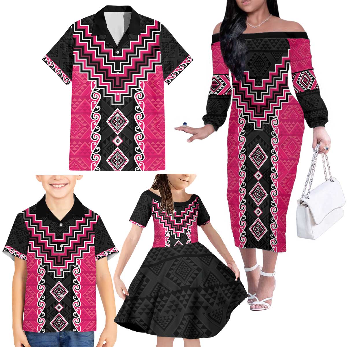 Pink Niho Taniwha Mix Poutama Family Matching Off The Shoulder Long Sleeve Dress and Hawaiian Shirt Unique Taniko Aotearoa LT01 - Polynesian Pride